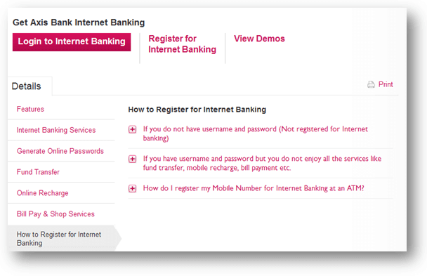 Axis Bank Register Account - Screenshot of Axis Bank website www.axisbank.com