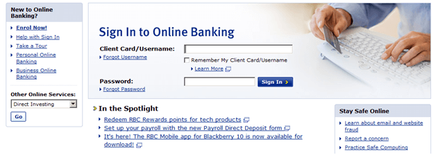 RBC Online Banking Login - Screenshot of RBC bank website www.rbcroyalbank.com RBC Online Banking Login