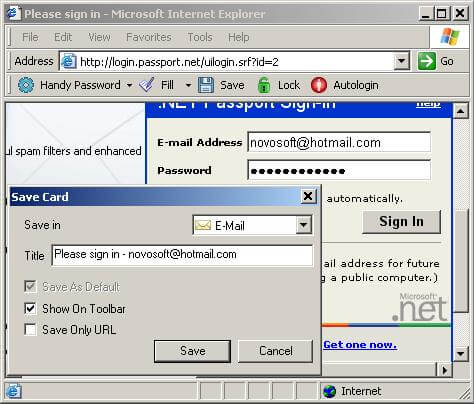 Hotmail password recovered and saved in Handy Password