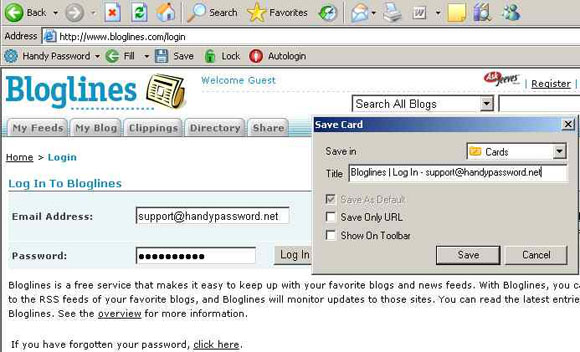 Saving Bloglines login and password