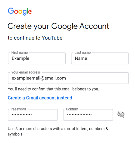 Create new account on YouTube