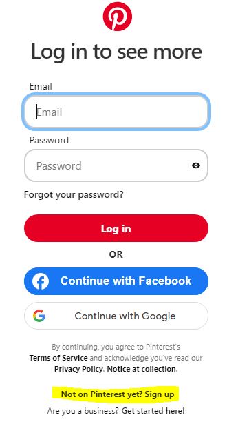 pinterest login screen