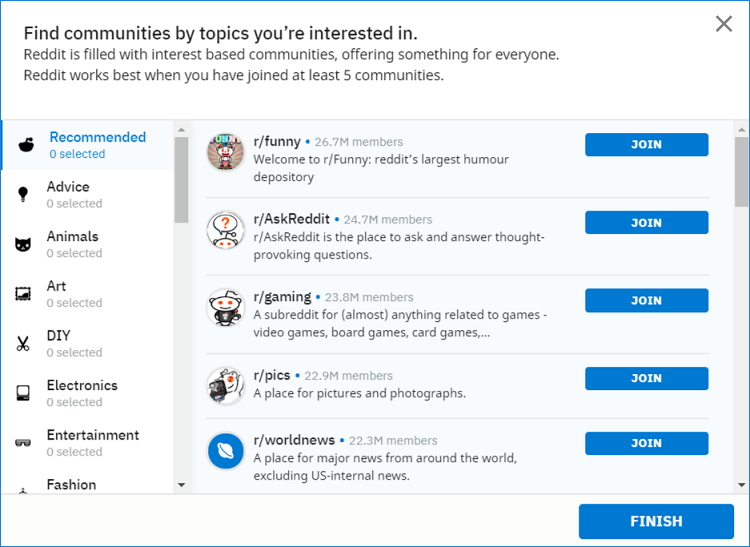 Select five or more Reddit communities
